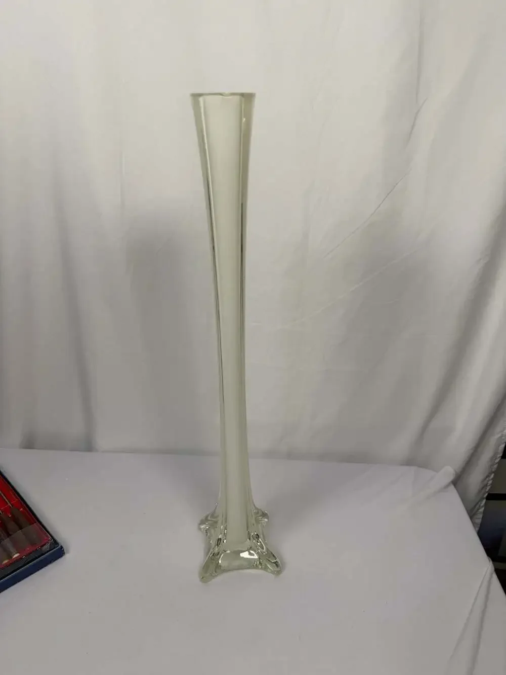 Vintage Eiffel Tower Style Tall Bud Vase, White Encased in Clear Glass
